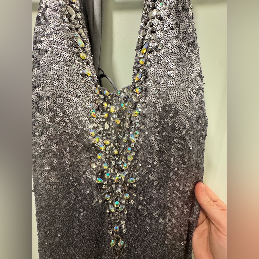 Sequined Muted Lilac Prom Dress with Jeweled Plunge V-Neck